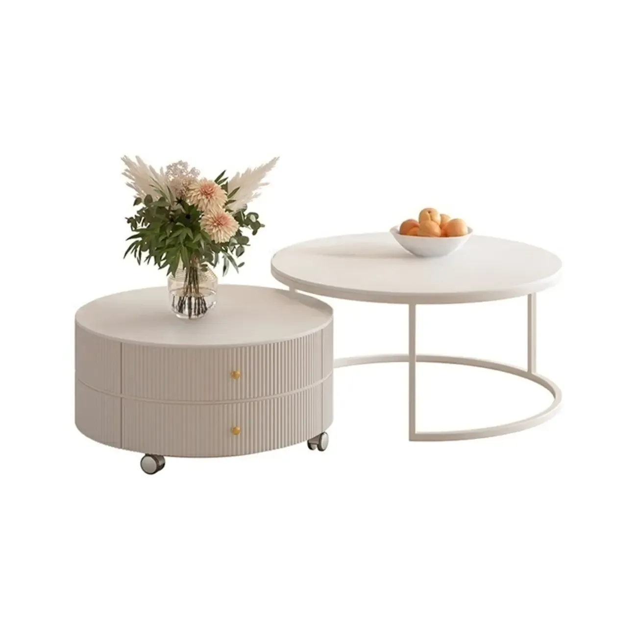 White Round Wheeled Round Wood Drawer Coffee Table