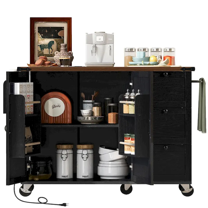 Farmhouse Kitchen Island with Power Outlet and Rolling Cart