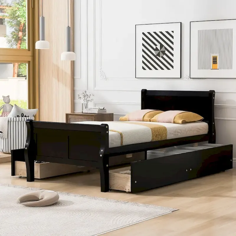 Oak/Espresso/Grey/White Twin Wood Platform Bed with 4 Drawers, Single