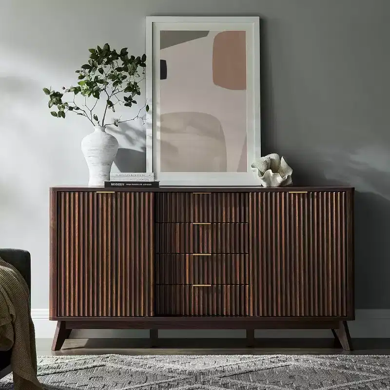 Fluted Dresser with 4 Drawers, 60 Modern Chest with Sliding Doors & Faux Marble Top, Wood Storage Organizer for Bedroom, Living Room
