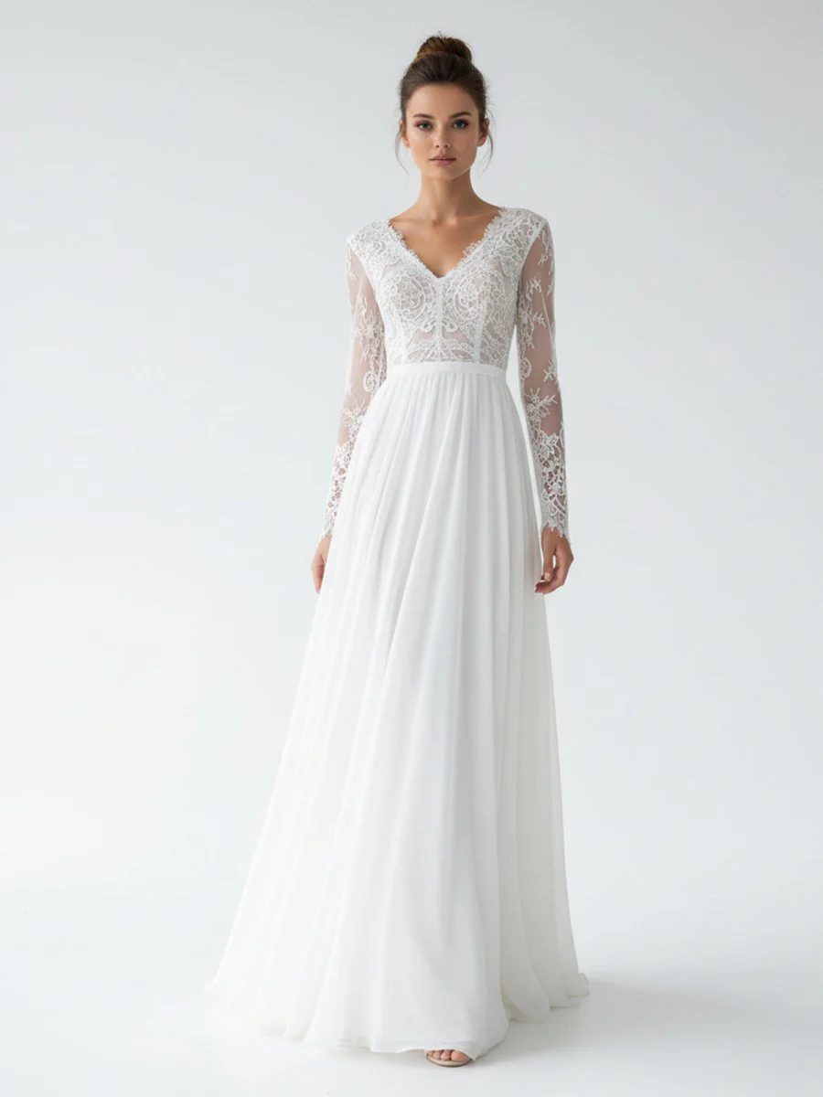 Romantic Modern A Line Floor-length Chiffon Lace V-neck Long Sleeve Wedding Dress