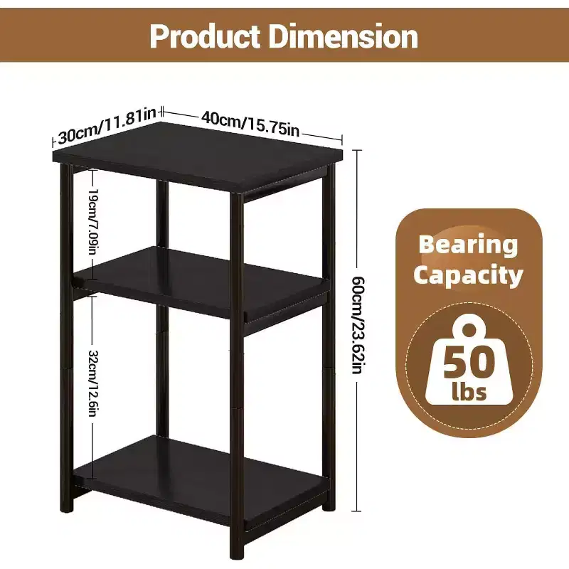 COZONY 3-Tier Side Table with Storage, Small End Table & Telephone Table, Metal Frame Tall Nightstand for Living Room, Bedroom, Office, Bathroom