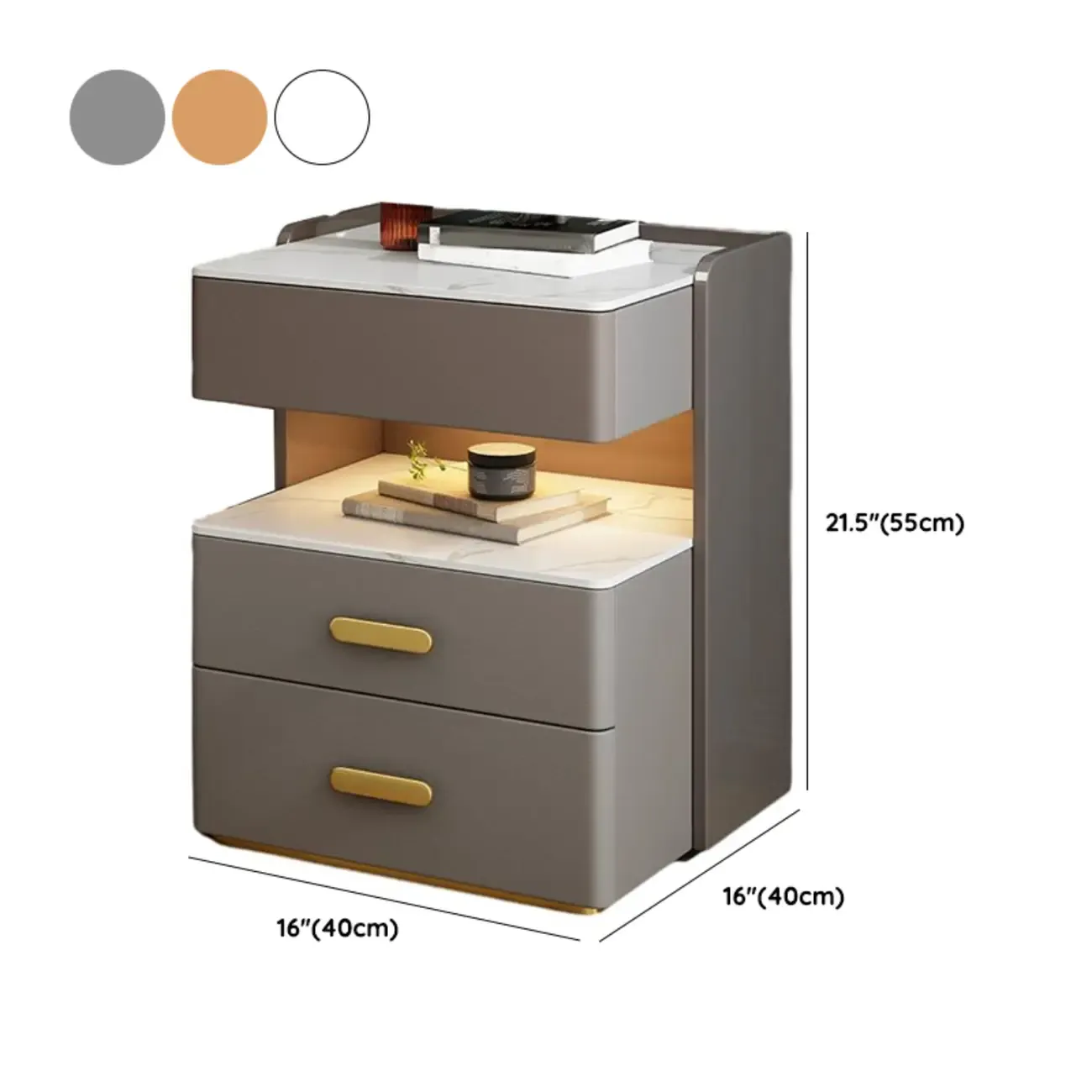 Modern Grey Bedside Table with Drawers and Stone Top