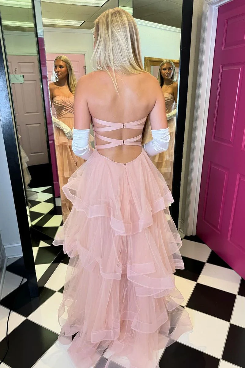 A-Line Strapless Blush Pink Ruffle Tiered Tulle Long Prom Dresses