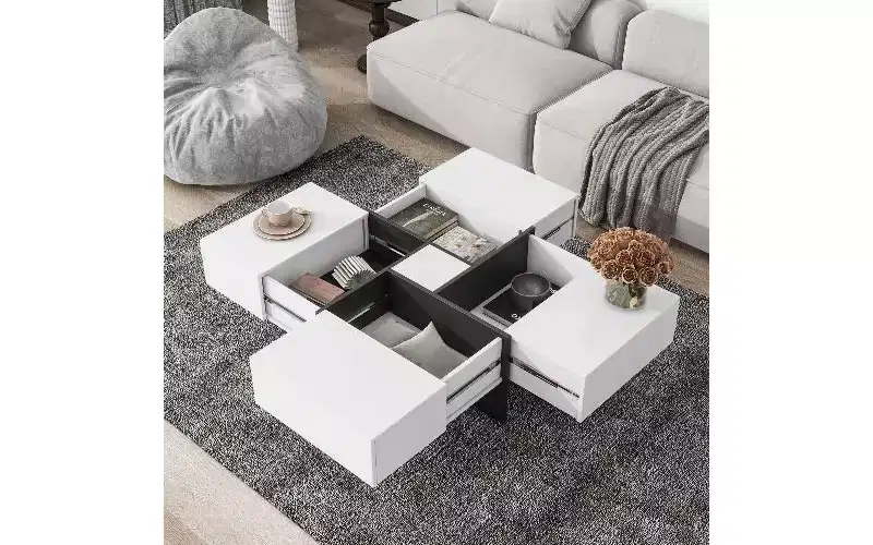 TUYOHW Extendable Puzzle-Top Coffee Table with 4 Hidden Storage, Smart Center Table, Square Table with Extendable Sliding Tabletop, Living Room Table