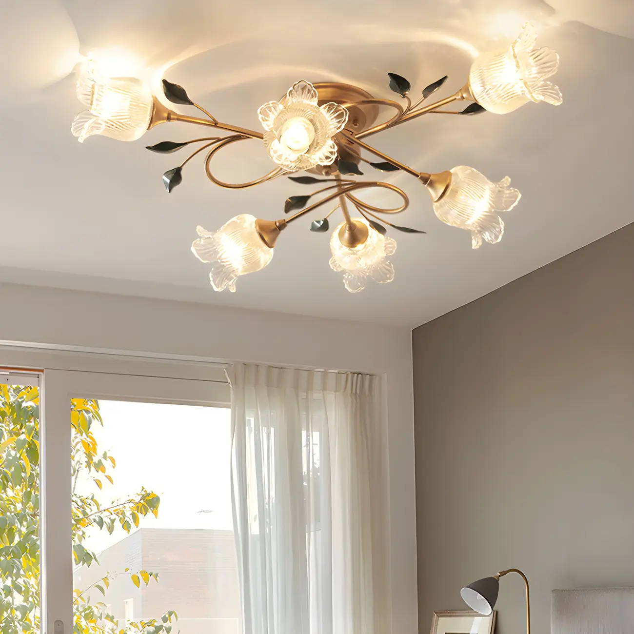 Luxury Flower Glass Semi Flush LED Ceiling Light for Indoor