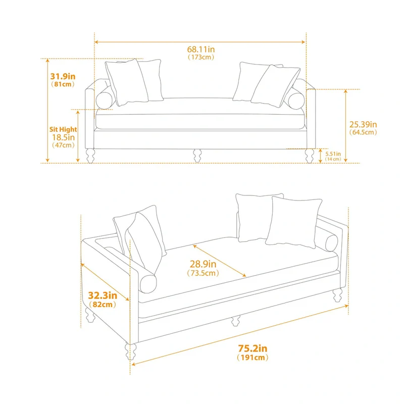 75.2 Chenille 3-Seater Sleeper Sofa with 4 Throw Pillows And 2 Bolsters