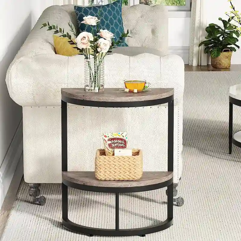 Half Round End Table, Narrow Side Table Slim C Table with Metal Frame