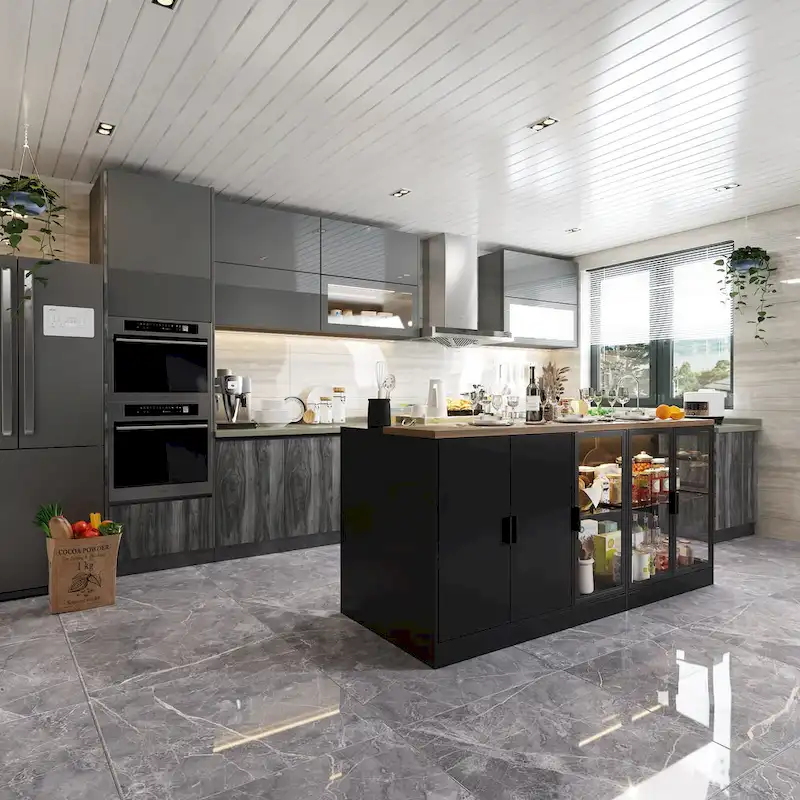 Kitchen Island with Drawers and Glass Cabinets