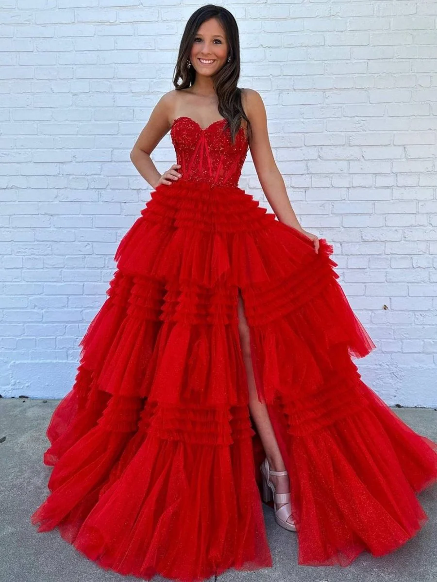 A-Line Sweetheart Tiered Long Tulle Prom Dress