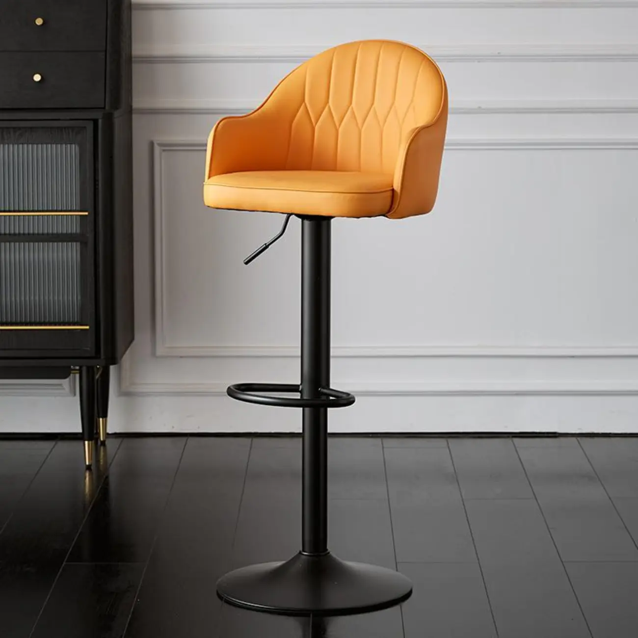 Swivel Upholstered Adjustable Height Home Armed Barstool with Metal Base