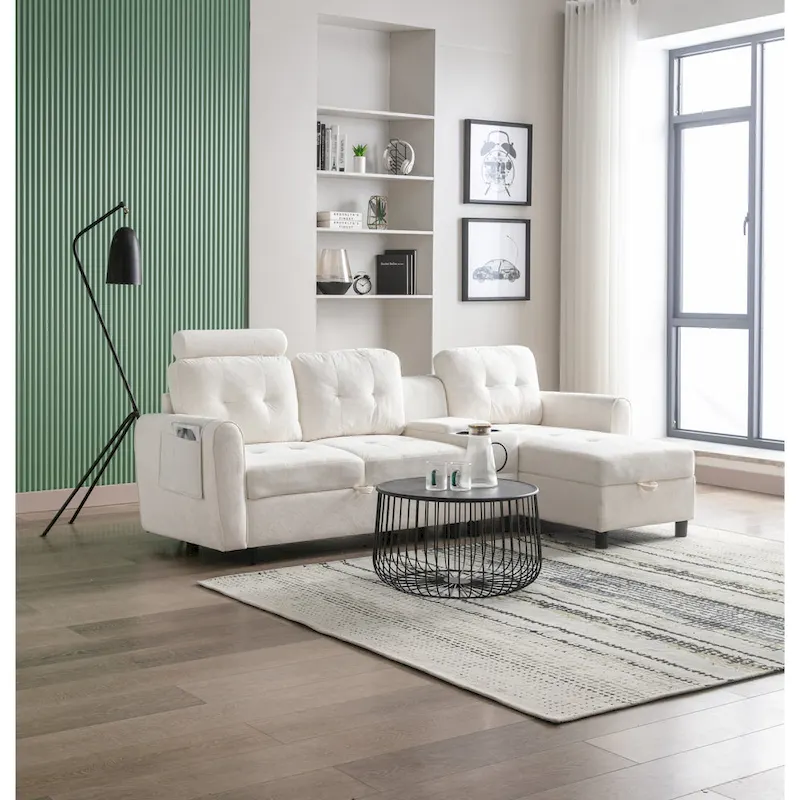Velvet Upholstered Tufted L-Shape Sectional Storage Convertible Sofa