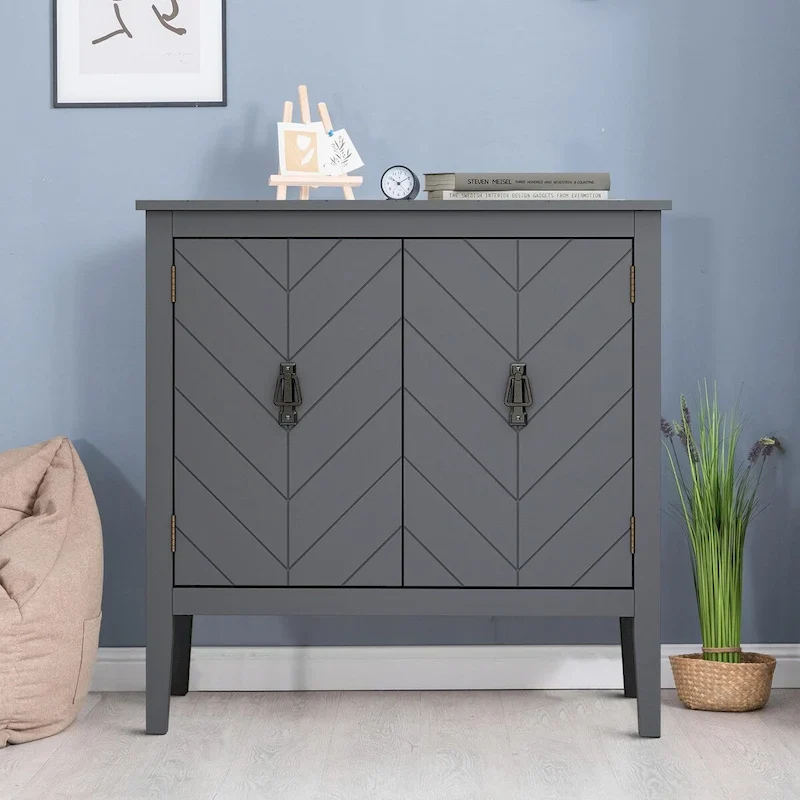 Gray / Black Freestanding Wooden Storage Cabinet with Brass Handles, 2-Door