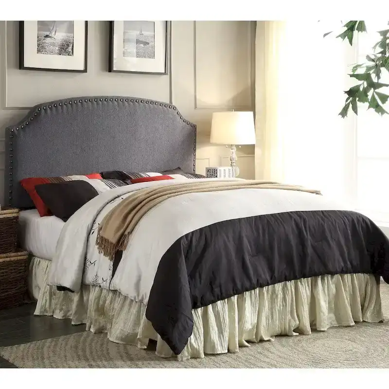 Emira Transitional Grey Adjustable Flax Upholstered Nailhead Headboard by Furniture of America