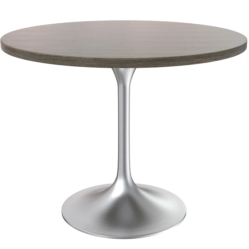 LeisureMod Verve 36 Round Dining Table with MDF Wood TableTop and Brushed Chrome Base for Kitchen & Dining Room