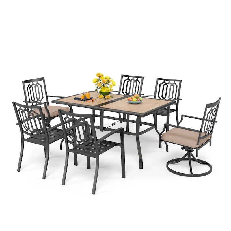 MAISON ARTS 7 Pieces Patio Dining Set with 2 Swivel Garden Chairs with Cushion, 4 Steel Chairs, 1 Rectangle Table