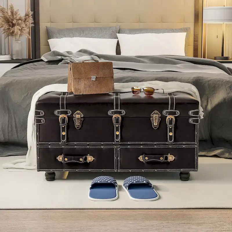 Vintage Storage Ottoman Bench with Latch Closure