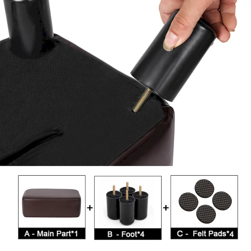 Rectangle PU Leather Footstool Ottoman – Black / Brown, Detachable Legs, Modern Style