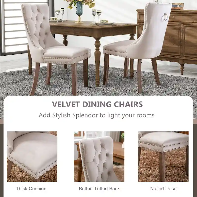 Velvet Dining Chairs, Tufted Solid Wood Armless Chairs Accent Chair with Nailhead Trim and Back Ring Pull