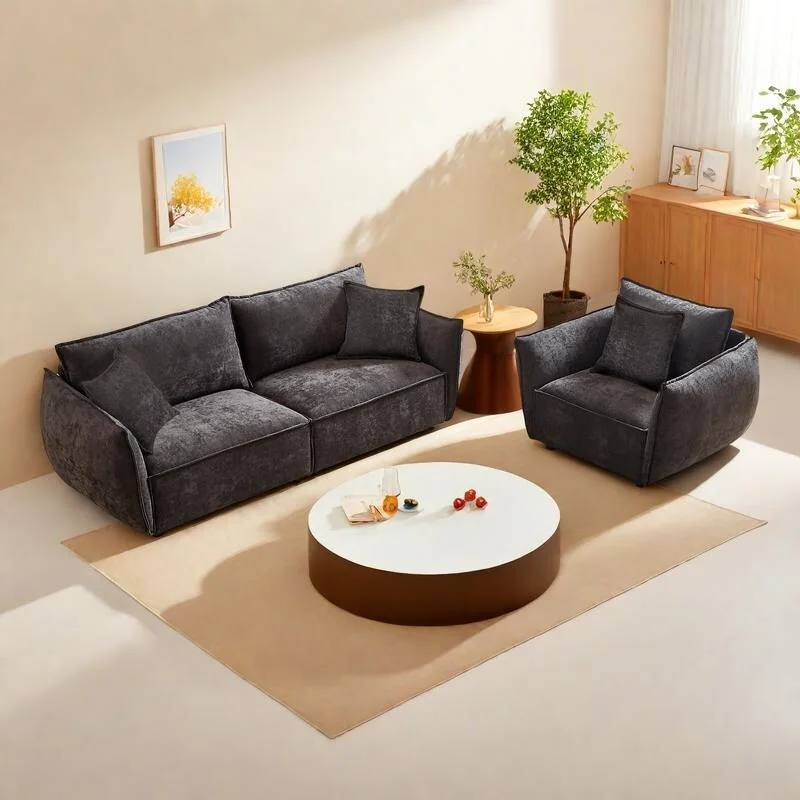 2-Pieces Linen Fabric 4-Seat Modular Sofa Set with 3+1 Seater Combo and Wooden Frame & 3 Pillows