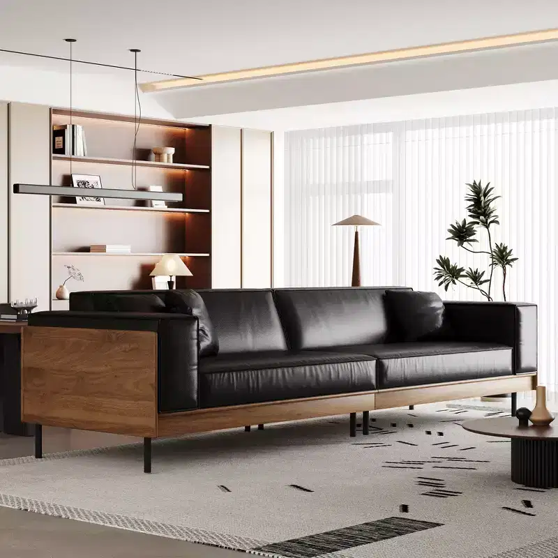 Luck Live Modern Leather Sofa 106.3 Wide with Solid Wood Frame, Metal Legs and 3 Decorative Pillows Black