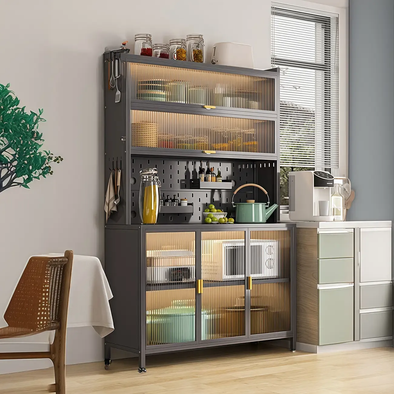 Modern Steel Multi-Shelf Sideboard with Pegboard Back