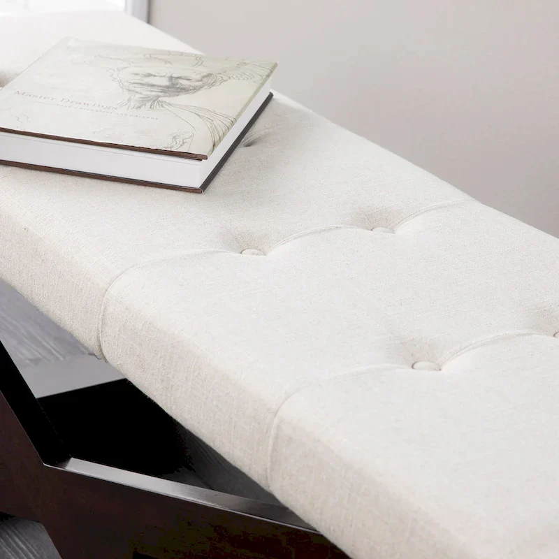 Off White Button-Tufted Upholstered Entryway Bench with Espresso Legs, Transitional Style, 1-Person