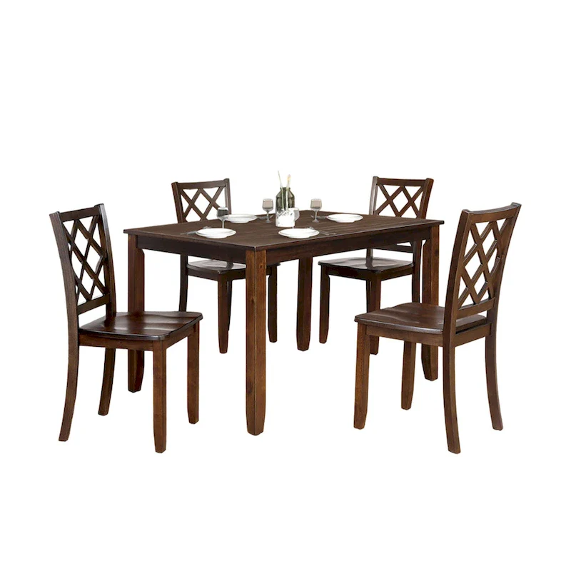 5 Piece Dining Table Set 4 Cross Back Chairs Cherry Brown Solid Wood