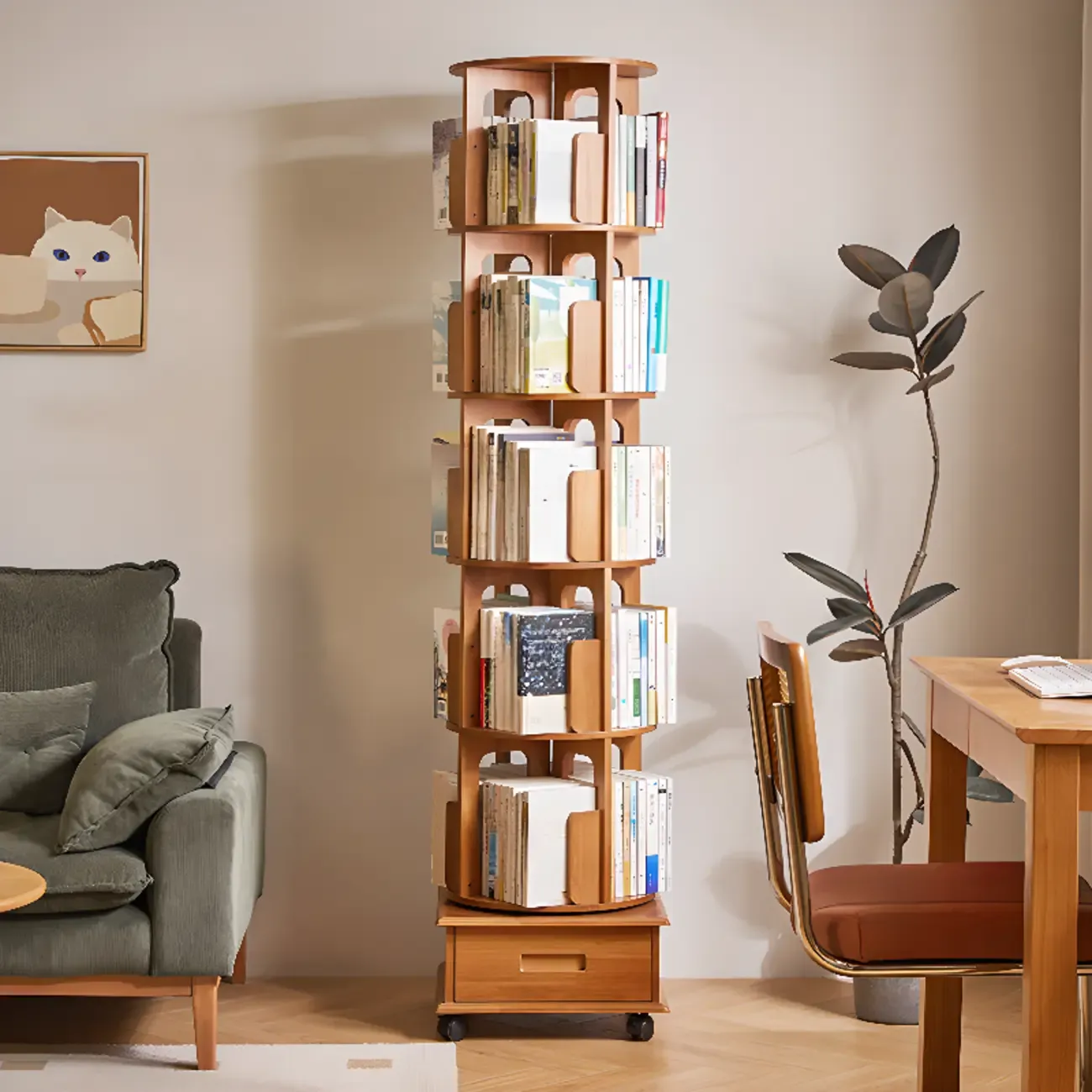 Narrow Rotating Cherry Wood Vertical Bookcase With Drawer