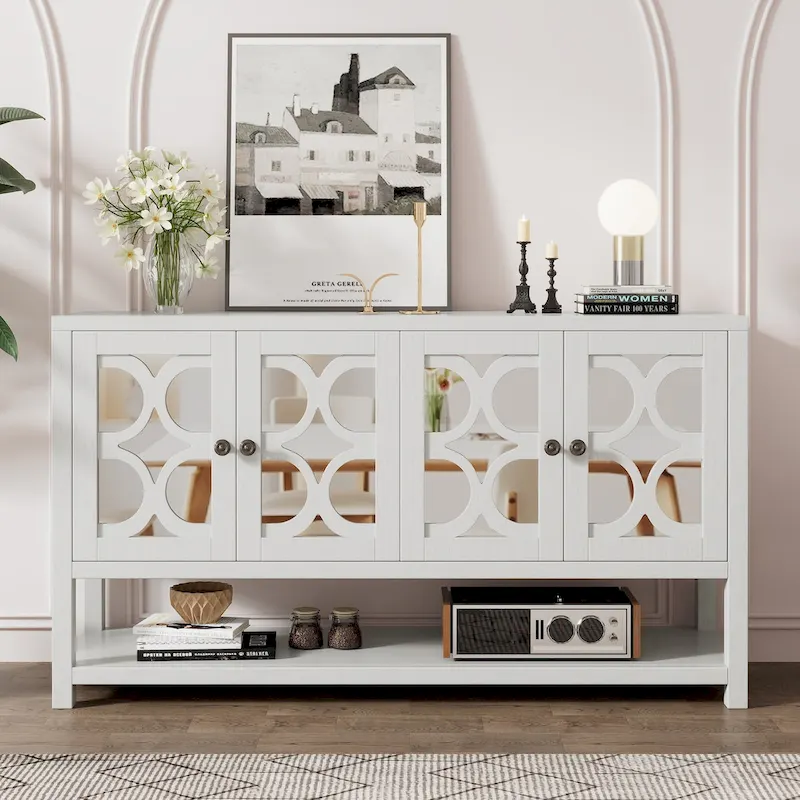 Retro Console Cabinet with Mirrored Doors and Open Shelf