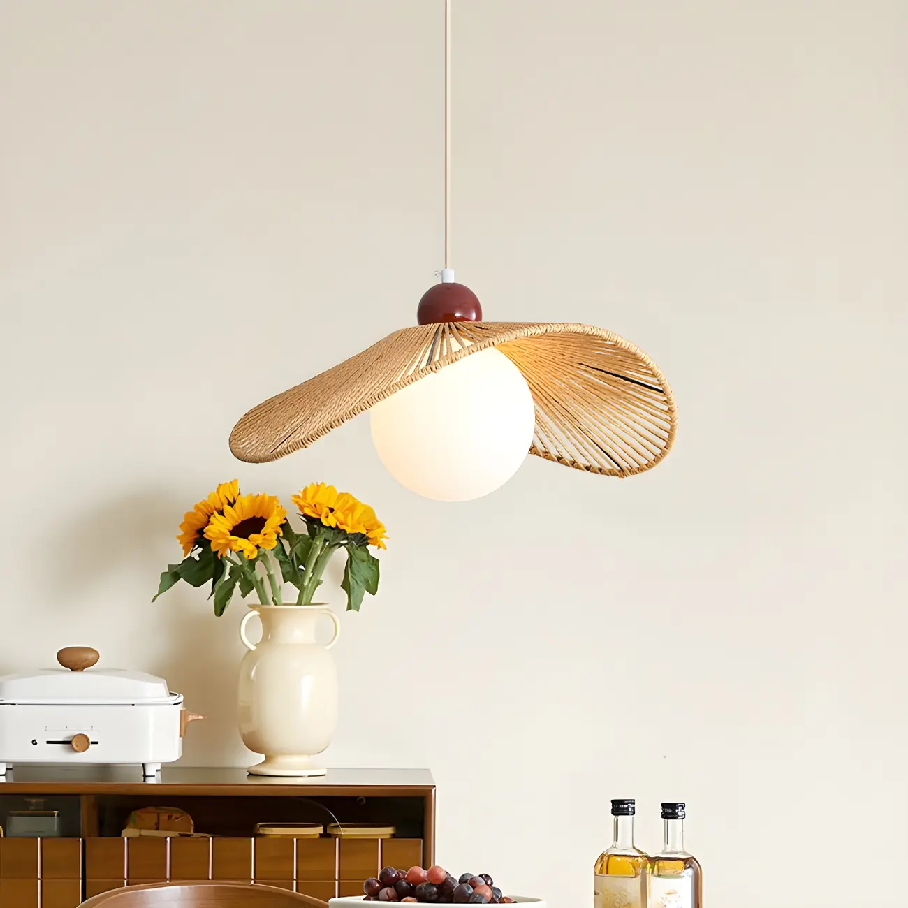 Rattan Curved White Glass Globe Pendant Light