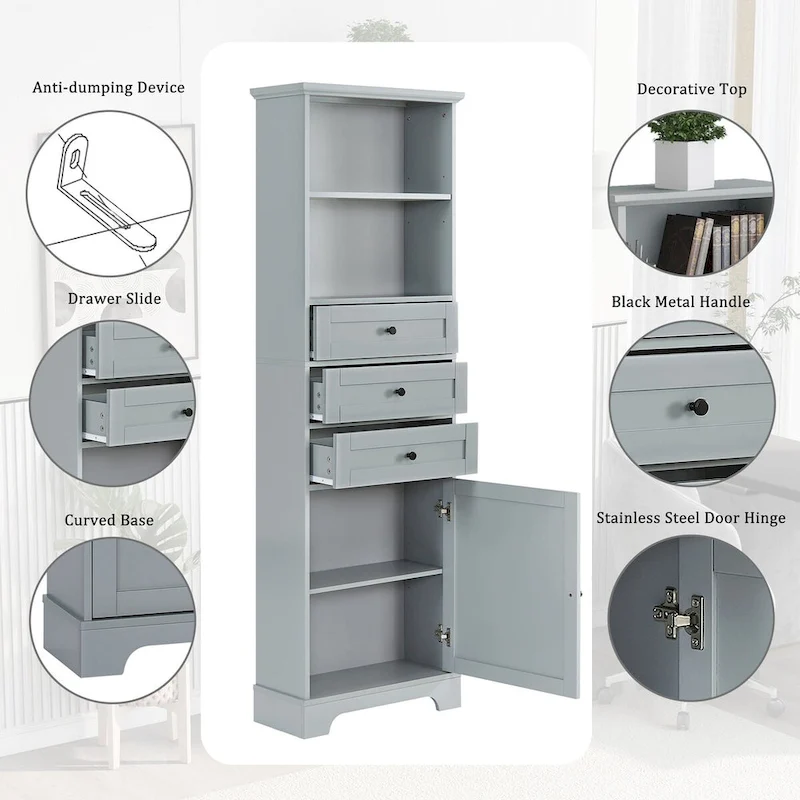 68 Tall Freestanding Bathroom Cabinet with 3 Drawers and Adjustable Shelves