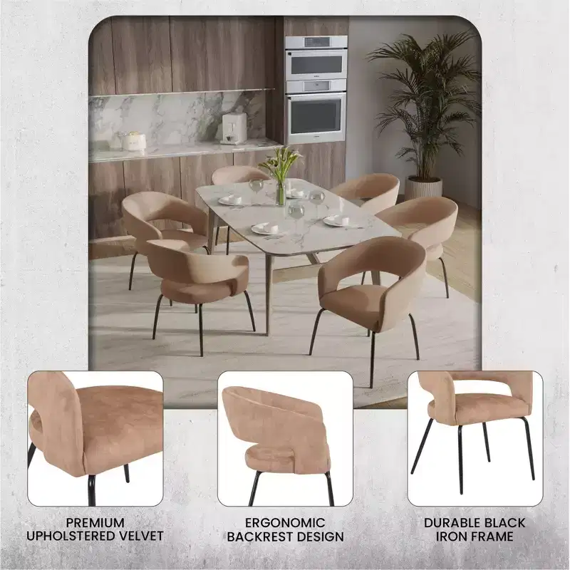 LeisureMod Dining Chair Upholstered in Velvet/Leather with Open Curved Backrest and Powder-Coated Iron Legs Gavin Collection Set of 2
