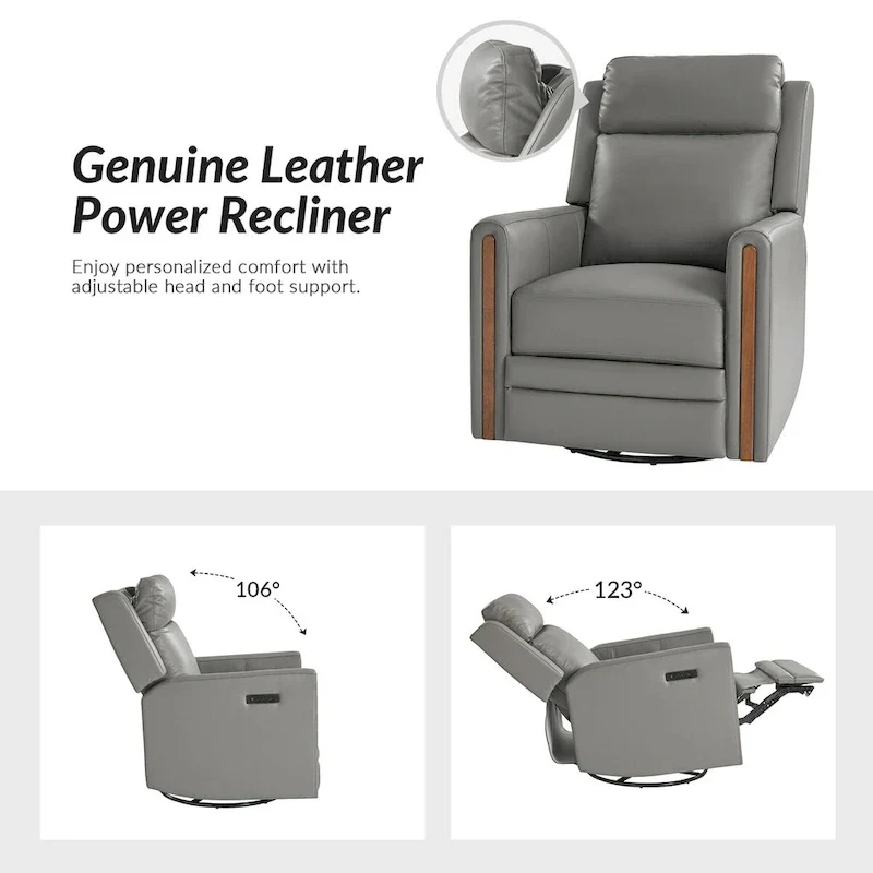 Jaime Modern Genuine Leather Rocking Swivel Power Recliner with Adjustable Headrest and Footrest by HULALA HOME