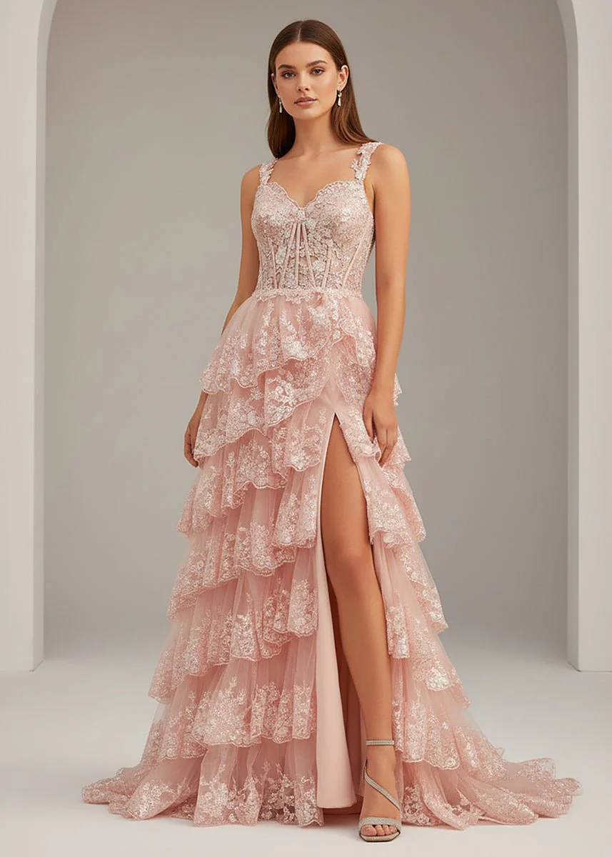 A-Line Lace Off-the-Shoulder Tiered Long Prom Dress with Slit
