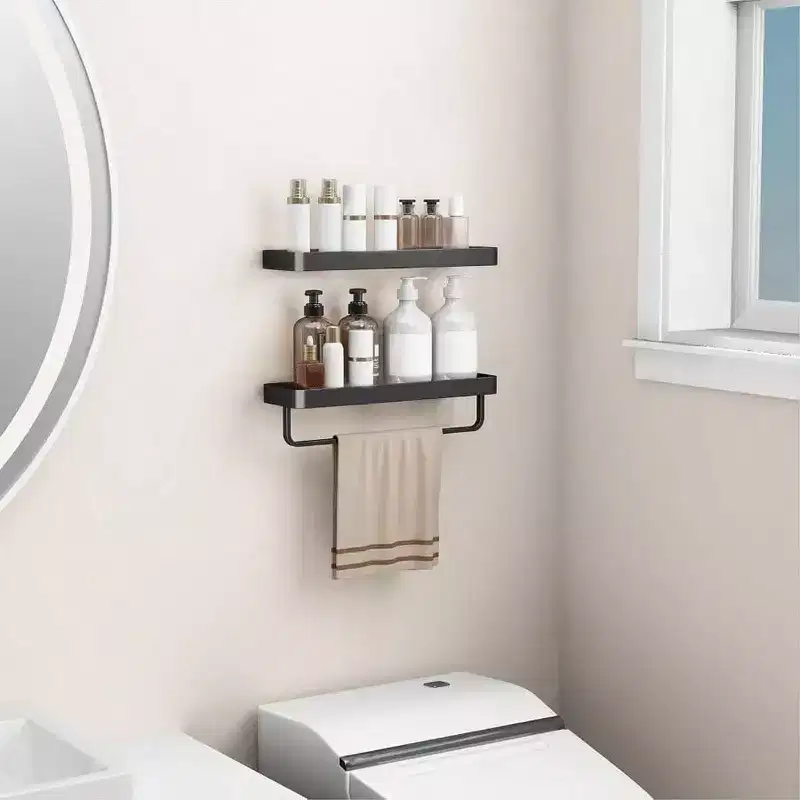 16 Inch Black Floating Bathroom Shelves with Towel Bar Tempered Glass Wall Shelf 2 Pack Versatile Bathroom Organizer Set