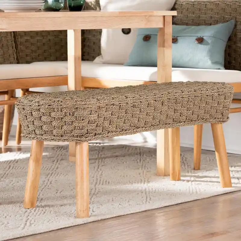 Denver Modern Bohemian Natural Seagrass and Acacia Wood Accent Bench