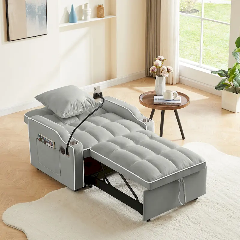 3-in-1 Sofa Bed, Convertible Sleeper Chair Sofa Bed Adjustable Pull Out Sleeper Chair Bed Multi-Pockets Folding Sofa Bed