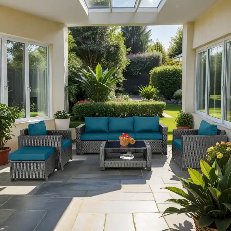 7-Piece Wicker Outdoor Sectional Set with Cushions and Table