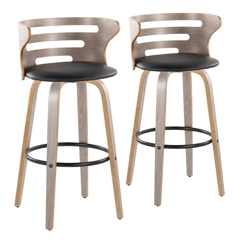 Swivel Bar Stools Set of 2 – Fabric & Faux Leather, Walnut/Light Grey Base, Chrome/Black Footrest
