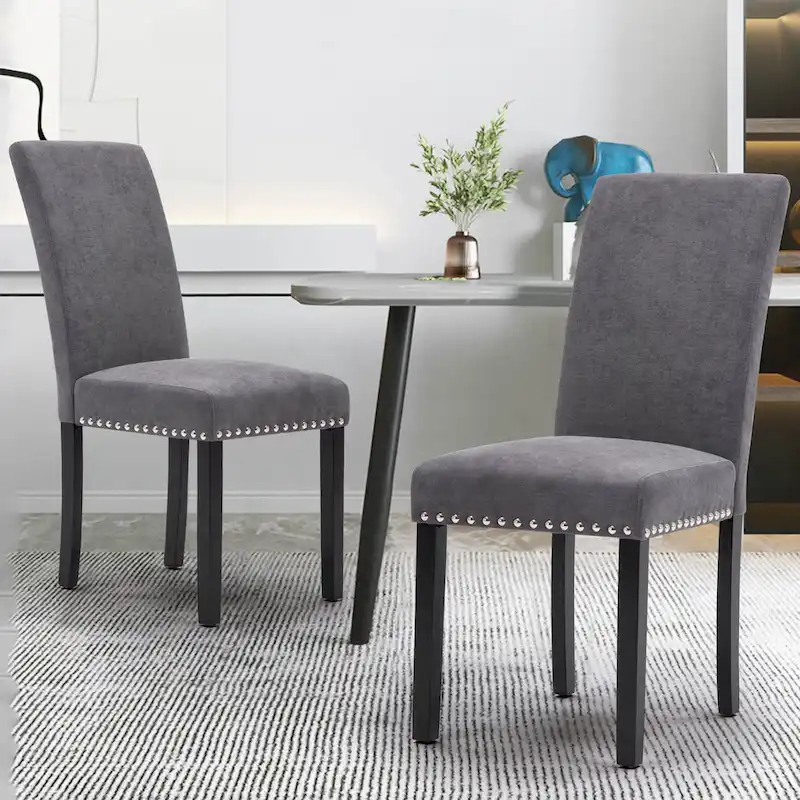 Fabric Upholstered Nailhead Trim Parsons Dining Chairs Terry Cloth Set of 2