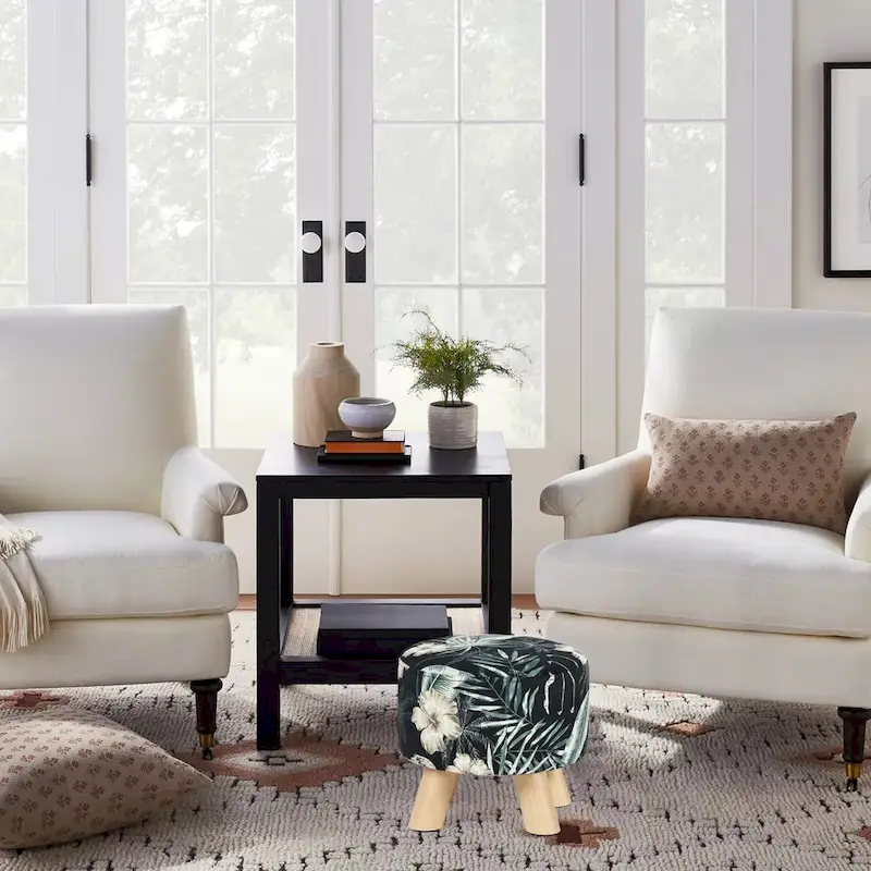 Adeco Modern Round Ottoman Foot Rest Footstool Velvet Fabric Padded