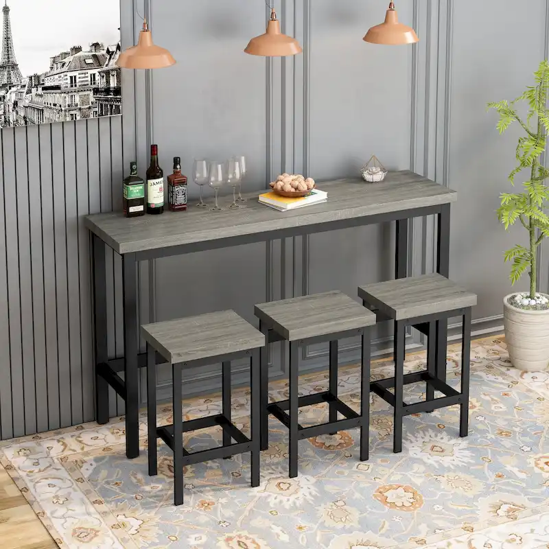 Counter Height Dining Table Set 60.2 4-Piece with 3 Stools Footrest Pub Kitchen MDF Steel