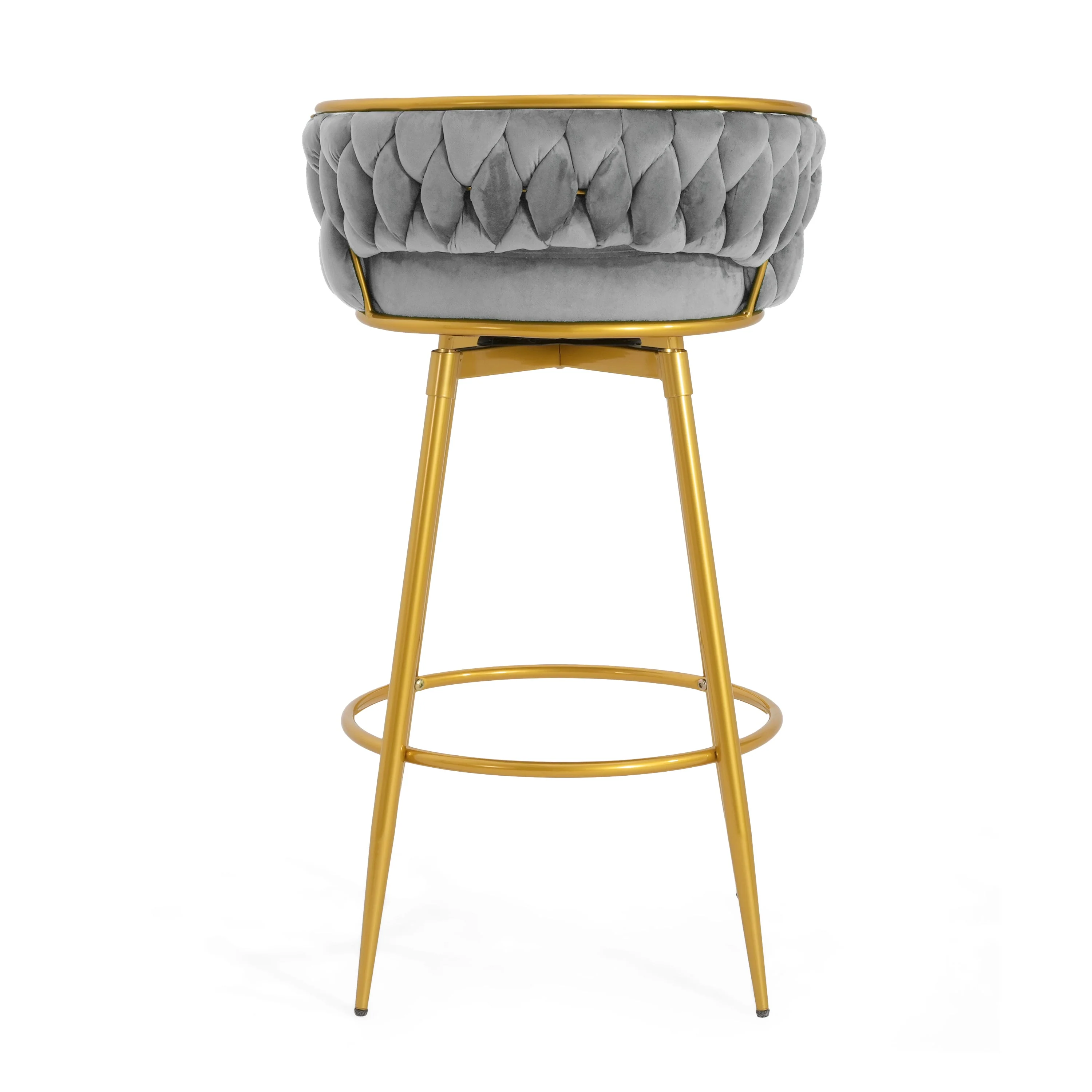Set of 2 Velvet Swivel Bar Stools 180¡ã Gold Frame w/ Woven Back & Footrest