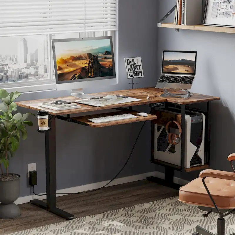 57 inch Electric Standing Desk Adjustable Height L Shaped Desk with Keyboard Tray and Host Shelf