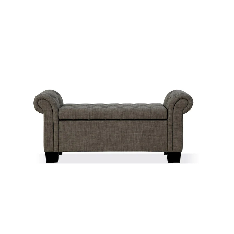 54 Inch Storage Bench, Polyester Linen, Rolled Arms, Tufted, Smooth Gray