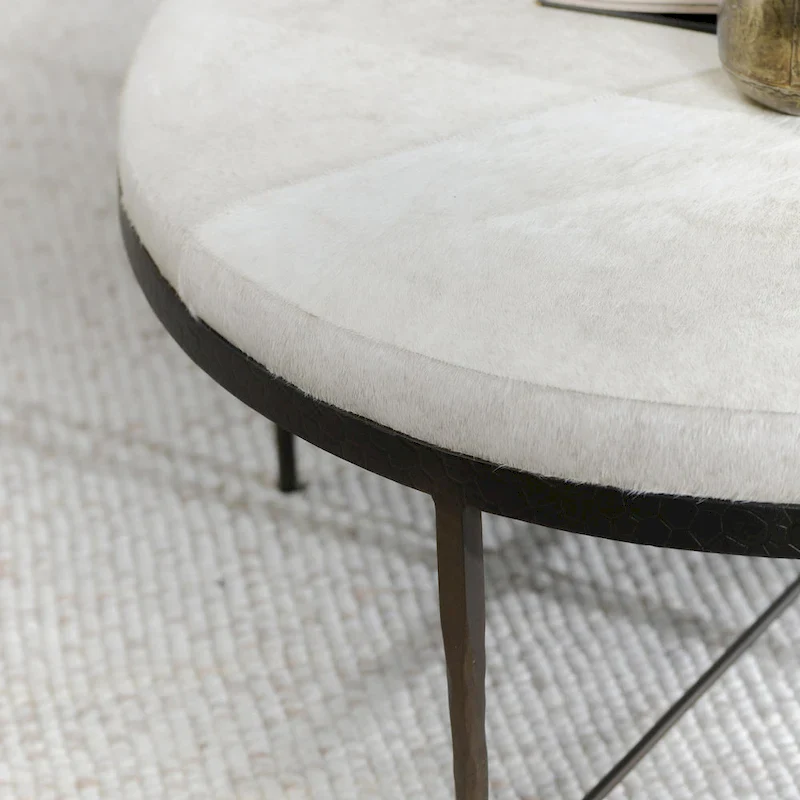 Ivory Leather Hide Coffee Table with Iron Base