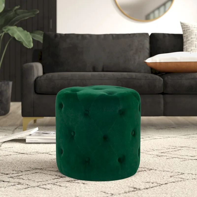 Blue / Green / Grey / Pink Tufted Round Upholstered Ottoman Footstool – 1-Seater