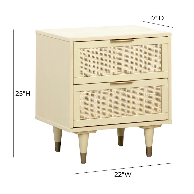 Cane Nightstand with 2 Soft-Close Drawers and Brass Details