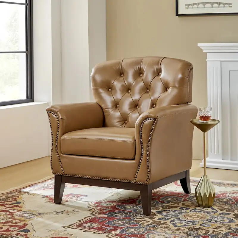 Genuine Leather Tufted Wingback Accent Chair with Nailhead Trim